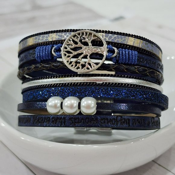 Multilayer Leather Bangle Magnetic Clasp Bracelet for Men or Women 7.5in Blue - Picture 1 of 10